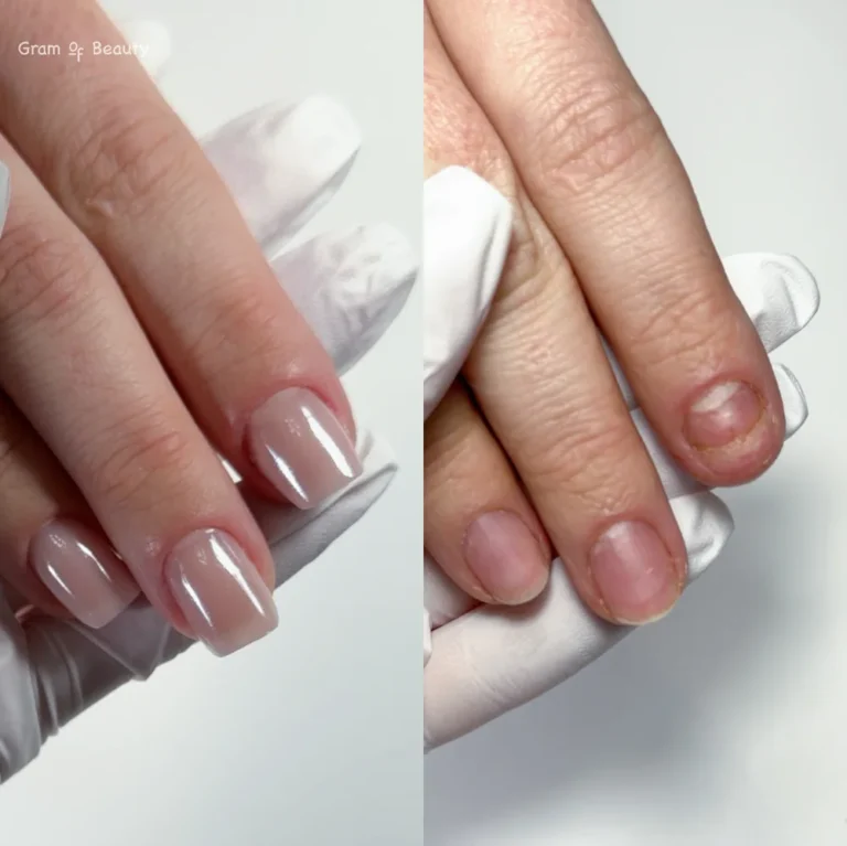 Rekonstrukcja obgryzionych paznokci - efekt przed i po, salon Gram Of Beauty na Woli